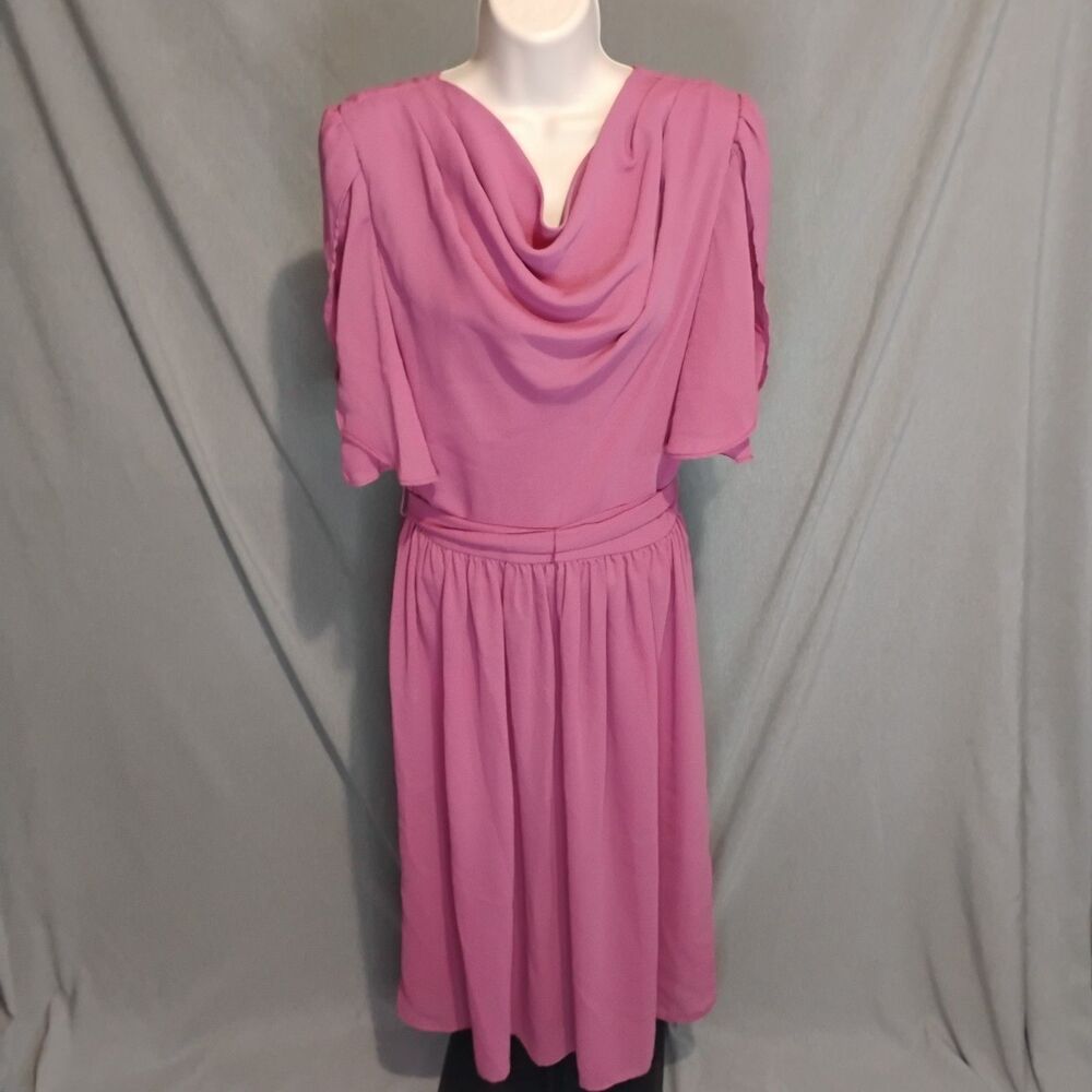 Vintage 70s Mauve Chiffon Cowl Neck Dress Flutter Sleeve Lurie Tea Party Medium